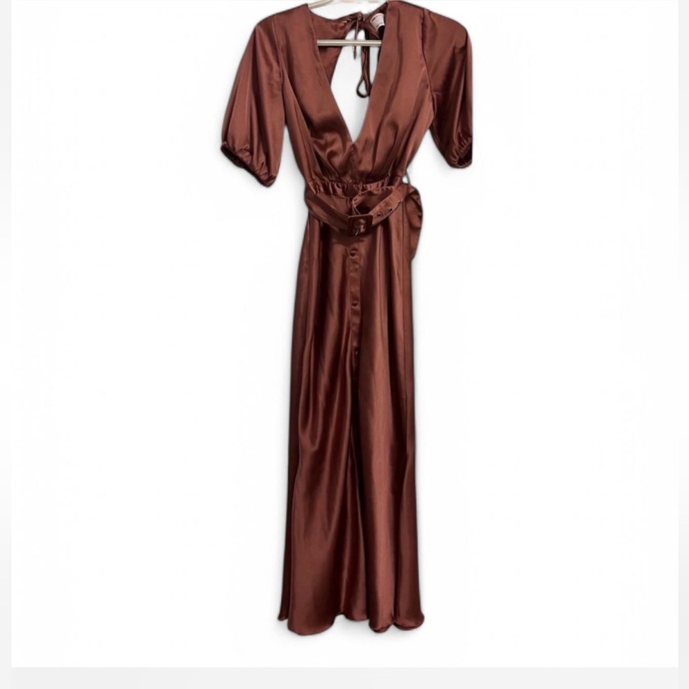 mauve plunge neck and puffy sleeved dress with belt